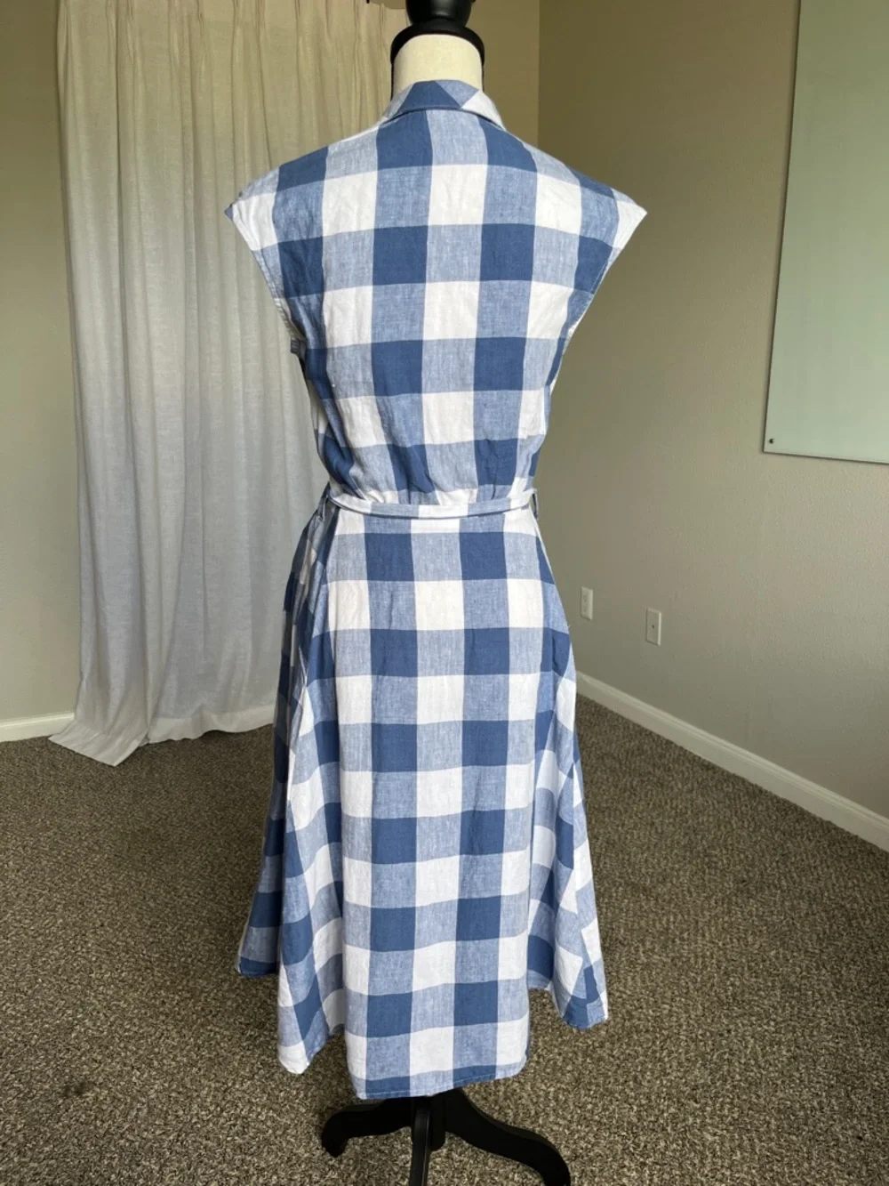 100% Linen Navy Blue White Gingham Midi Dress Button Front with Pockets Size 4 - Picture 5 of 8